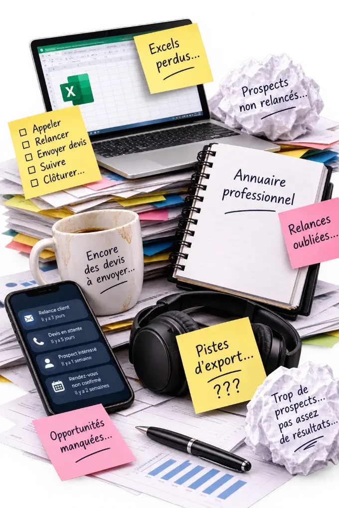 Un bureau de commercial débordé : fichiers Excel perdus, relances oubliées, opportunités manquées