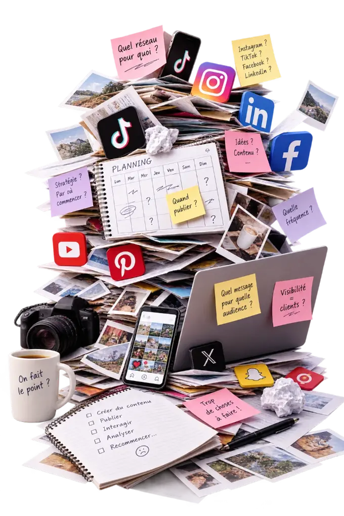Une pile désordonnée de photos, plannings et logos de réseaux sociaux, couverte de questions : quel réseau, quand publier, quel message ?