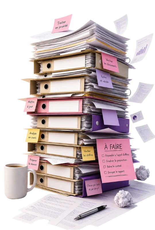 Une pile de classeurs qui déborde, couverte de post-it « À faire »